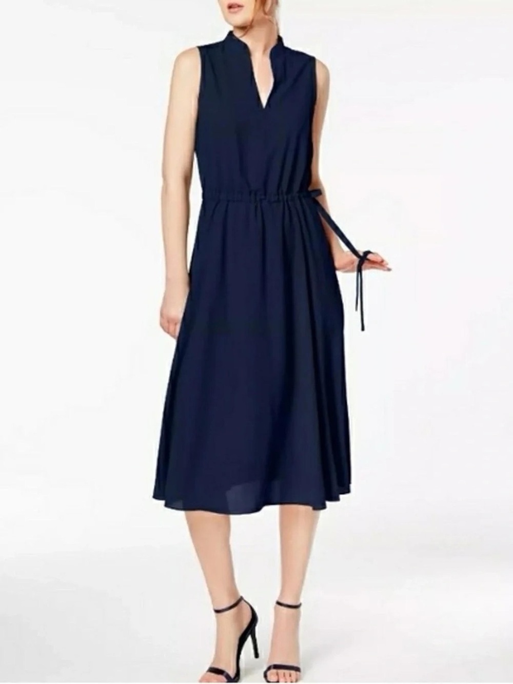 Anne Klein Navy Sleeveless Midi Dress with Waist Tie